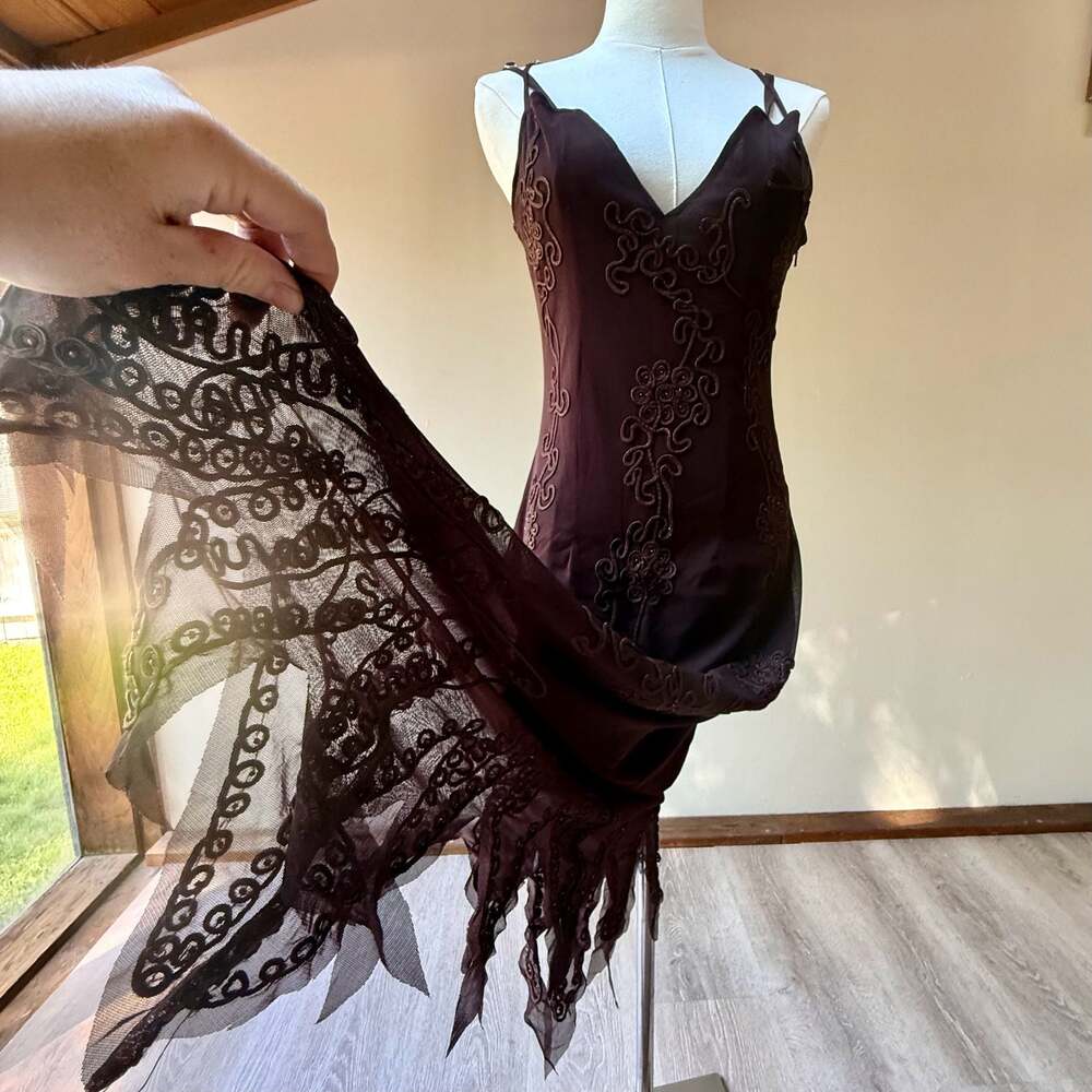 Brown Fairycore Mesh Midi Dress with Embroidery and Sharkbite Hem
